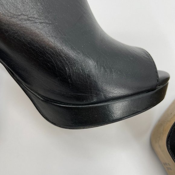 Black Leather Platform Mule Peep Toe Patent Block Heels - Picture 3 of 9